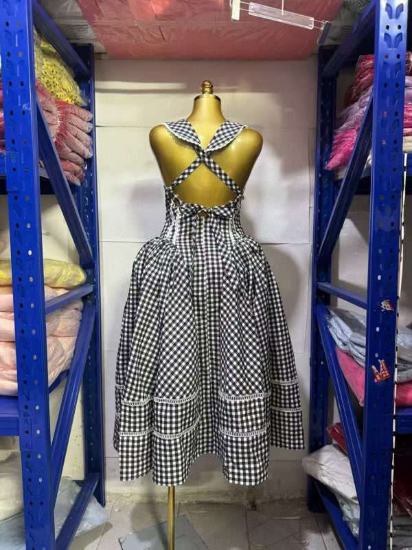 Pink Gingham Sailor Collar Midi Dress with Bow
