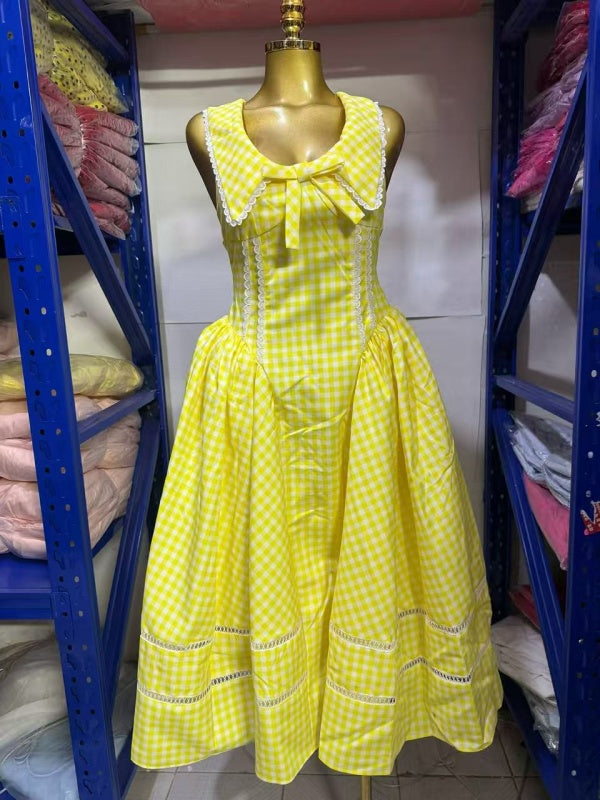 Pink Gingham Sailor Collar Midi Dress with Bow