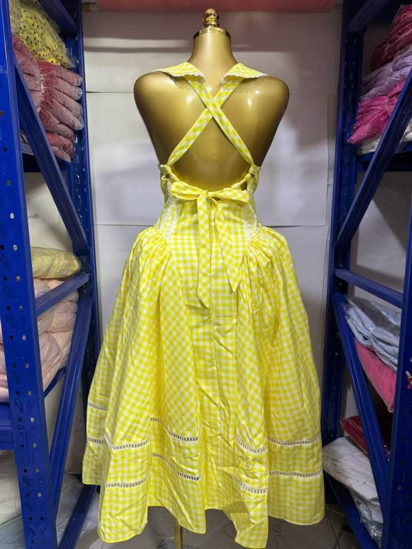 Pink Gingham Sailor Collar Midi Dress with Bow