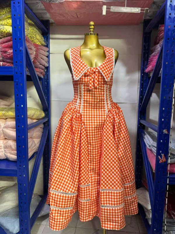 Pink Gingham Sailor Collar Midi Dress with Bow