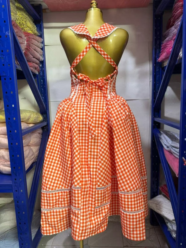 Pink Gingham Sailor Collar Midi Dress with Bow