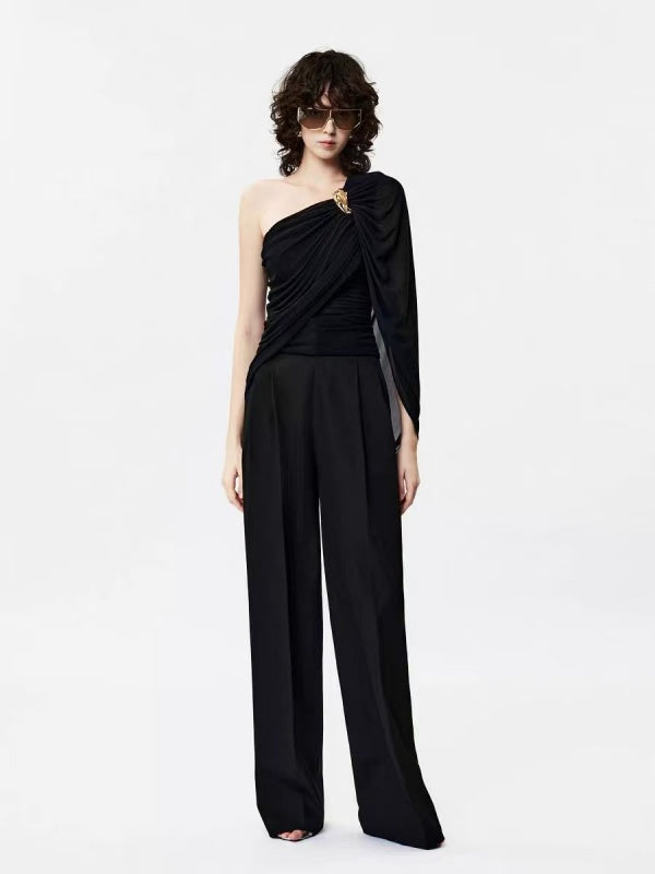 Black One-Shoulder Draped Top and Trousers Set