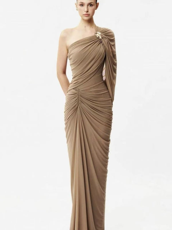 Taupe One-Shoulder Draped Gown with Gold Brooch