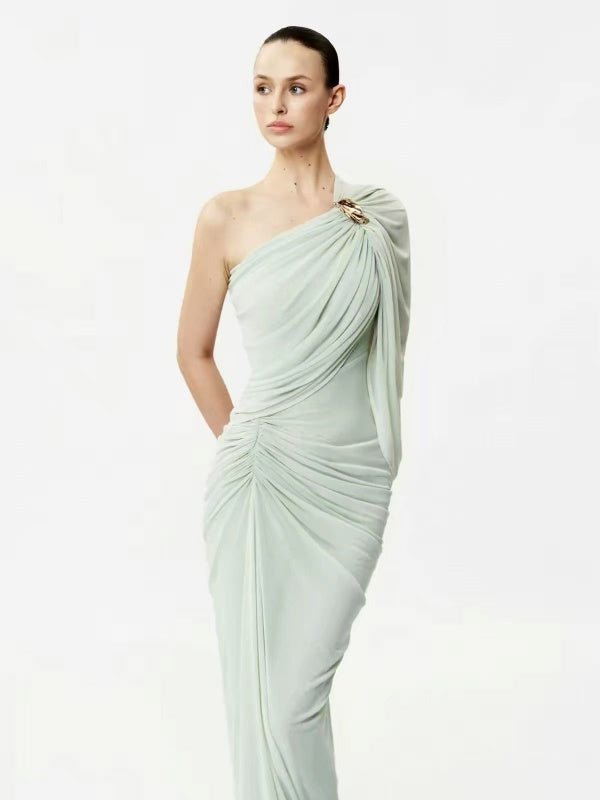 Taupe One-Shoulder Draped Gown with Gold Brooch