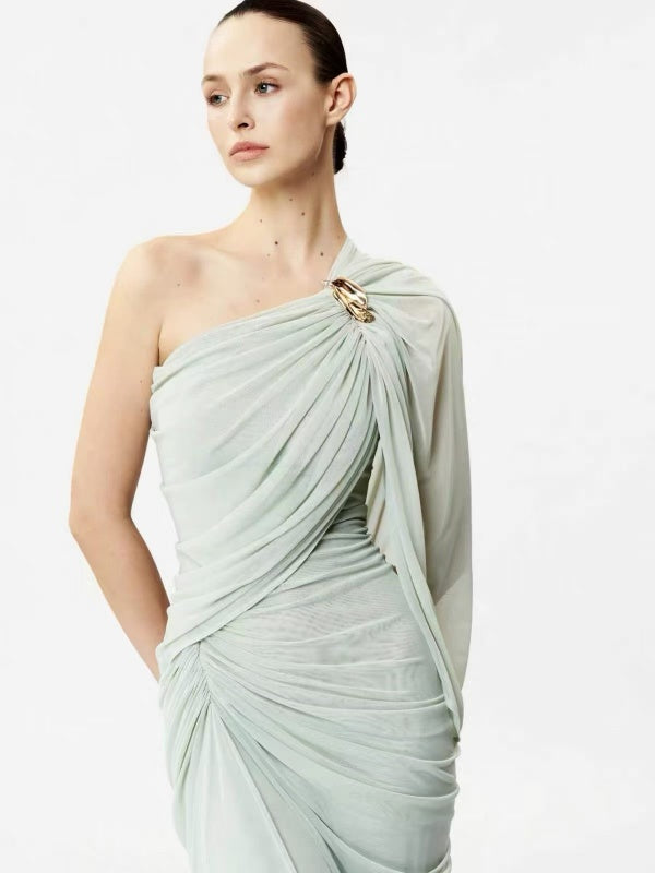 Taupe One-Shoulder Draped Gown with Gold Brooch