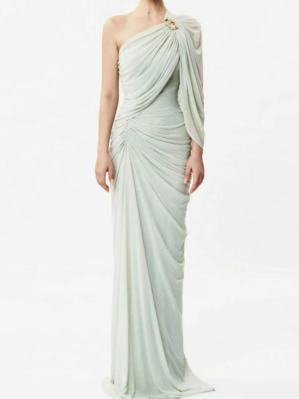 Taupe One-Shoulder Draped Gown with Gold Brooch