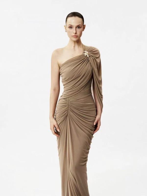 Taupe One-Shoulder Draped Gown with Gold Brooch