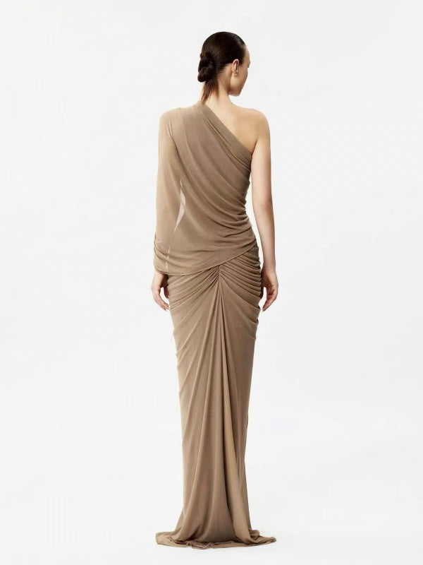 Taupe One-Shoulder Draped Gown with Gold Brooch
