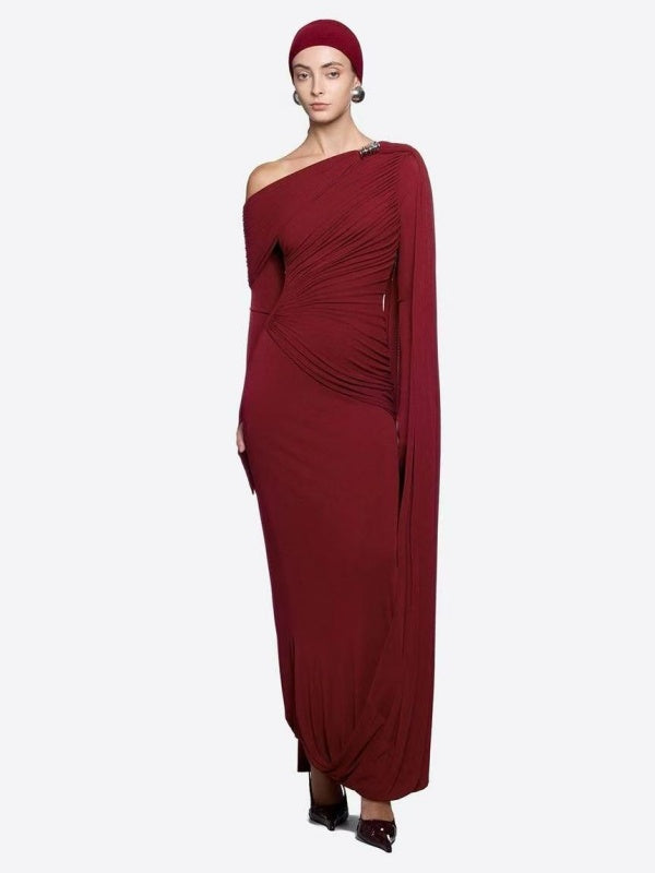 Wine Red One-Shoulder Draped Gown with Cape Sleeve