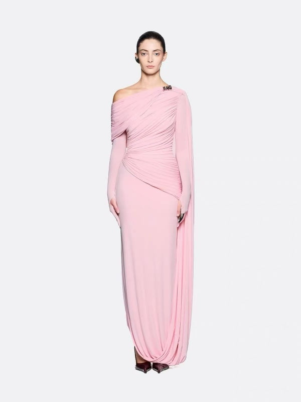 Wine Red One-Shoulder Draped Gown with Cape Sleeve