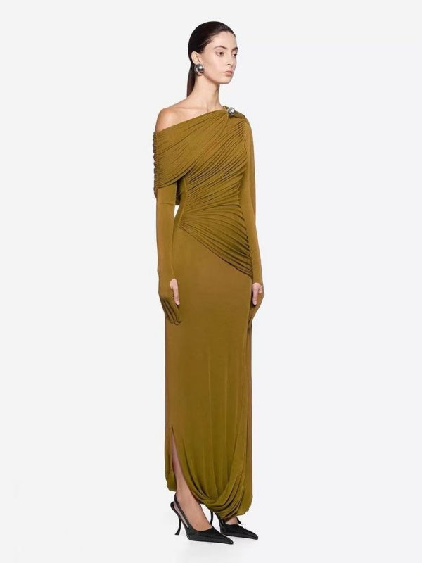 Wine Red One-Shoulder Draped Gown with Cape Sleeve
