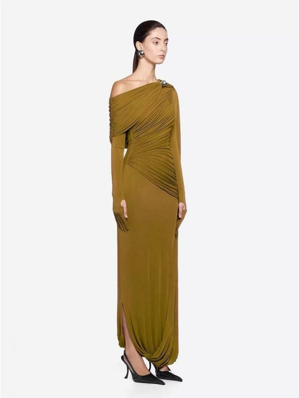 Wine Red One-Shoulder Draped Gown with Cape Sleeve