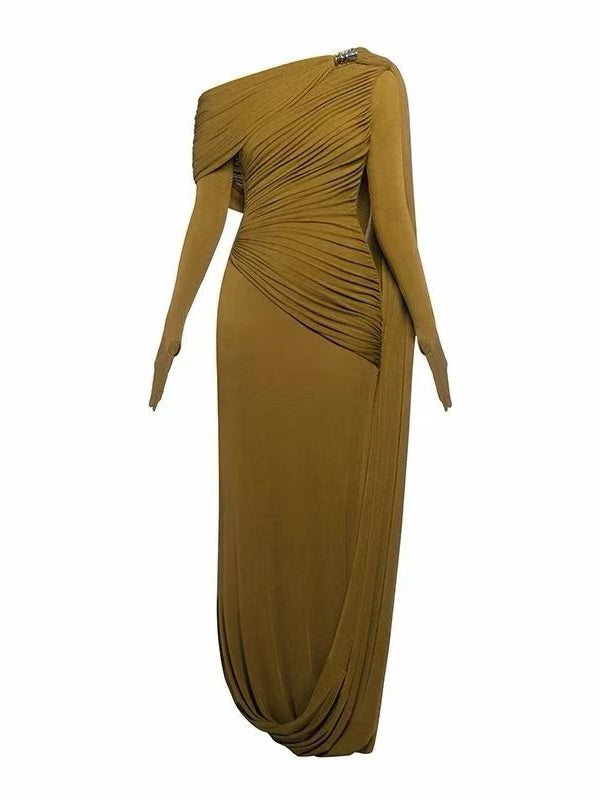 Wine Red One-Shoulder Draped Gown with Cape Sleeve