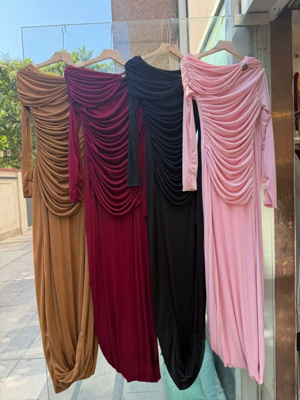 Wine Red One-Shoulder Draped Gown with Cape Sleeve