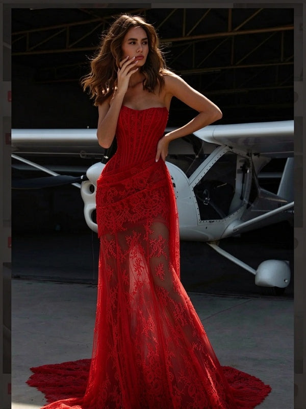 Red Strapless Corset Lace Mermaid Gown