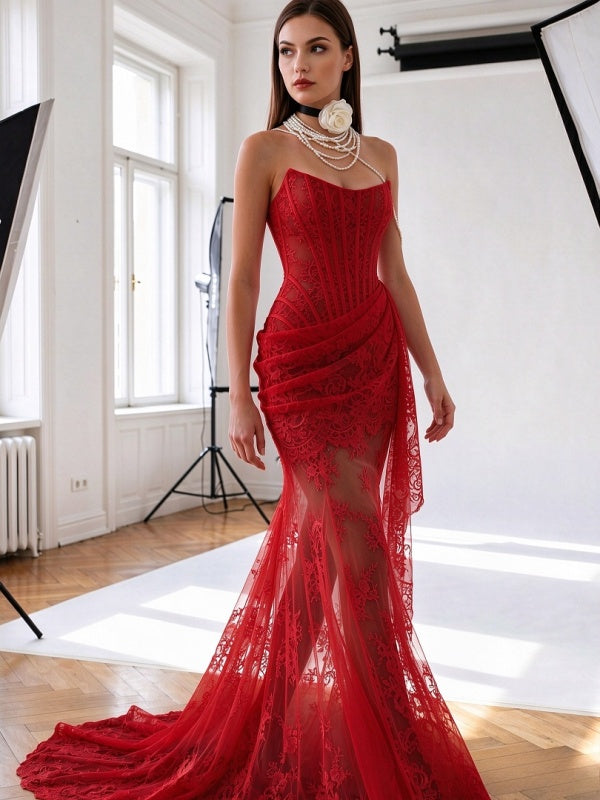 Red Strapless Corset Lace Mermaid Gown