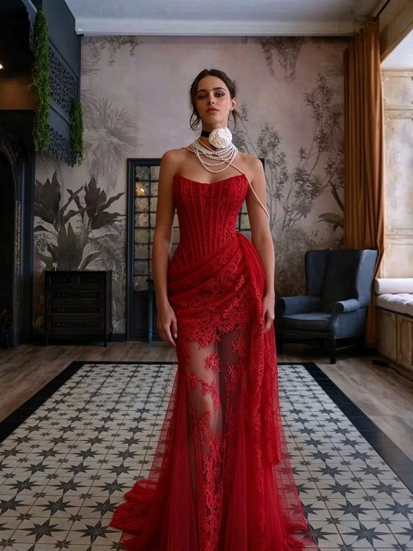 Red Strapless Corset Lace Mermaid Gown