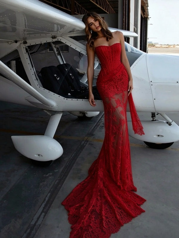 Red Strapless Corset Lace Mermaid Gown