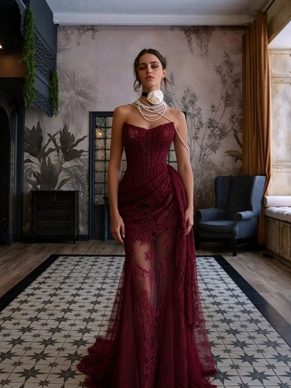 Red Strapless Corset Lace Mermaid Gown