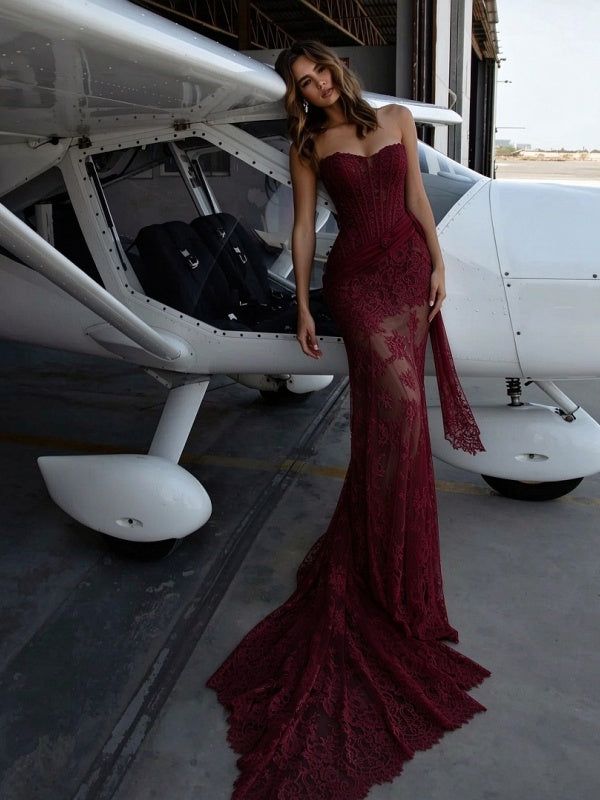 Red Strapless Corset Lace Mermaid Gown