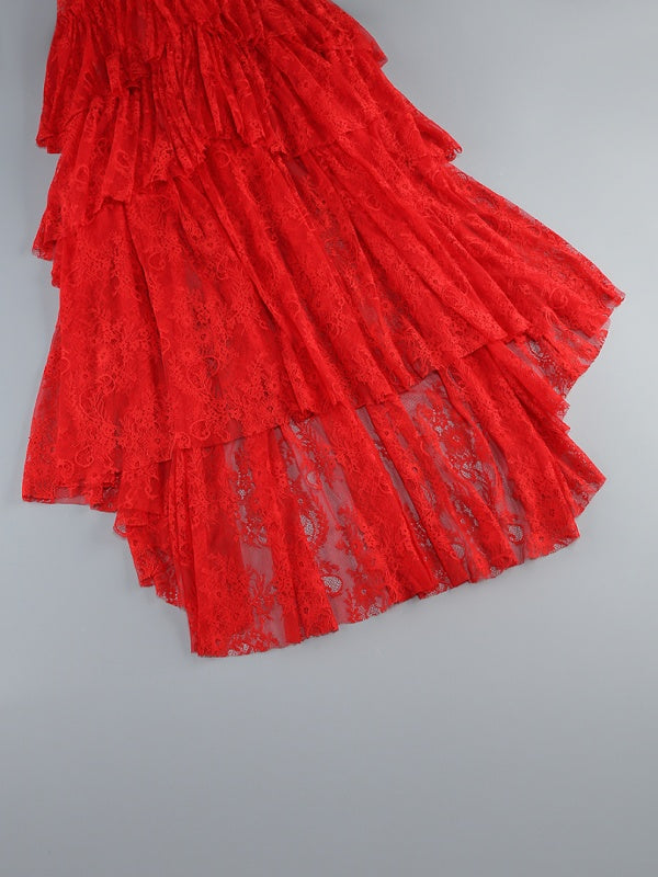 Red Halter Lace Tiered Maxi Dress