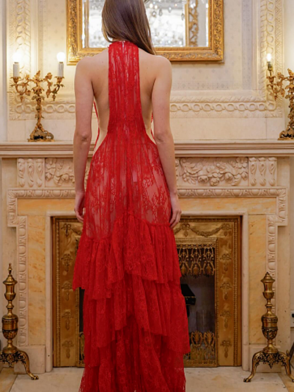 Red Halter Lace Tiered Maxi Dress