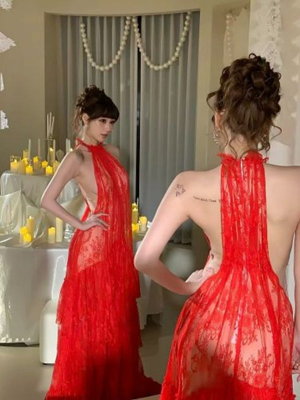 Red Halter Lace Tiered Maxi Dress