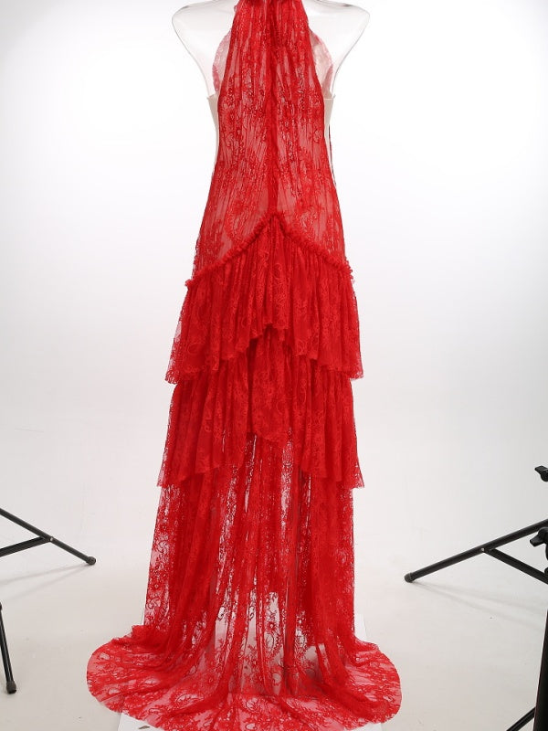 Red Halter Lace Tiered Maxi Dress