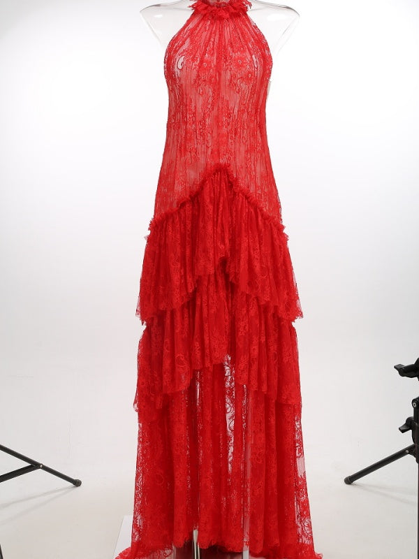 Red Halter Lace Tiered Maxi Dress
