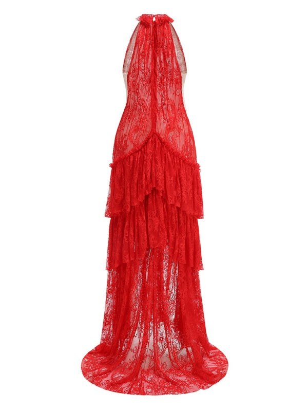 Red Halter Lace Tiered Maxi Dress