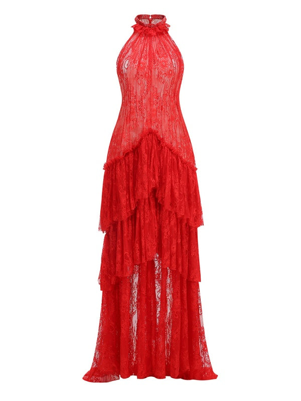 Red Halter Lace Tiered Maxi Dress