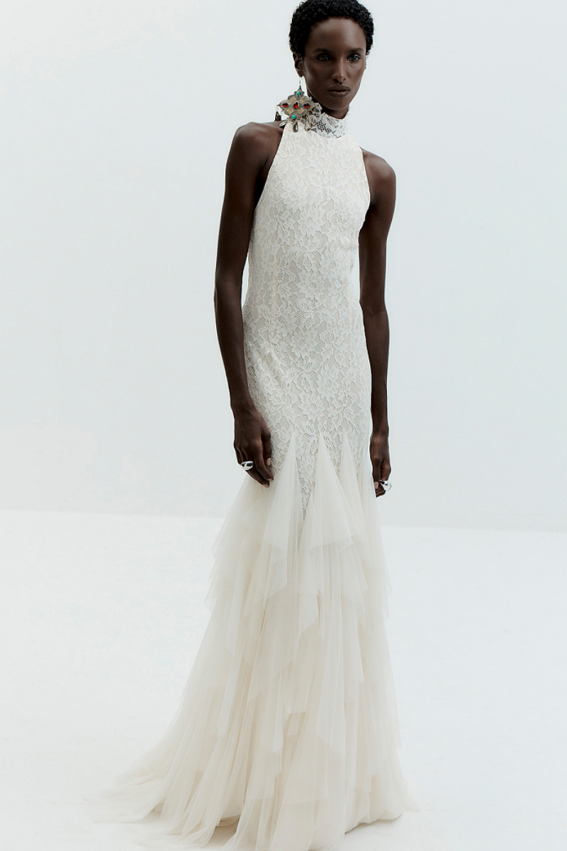 Ivory Halter Lace Mermaid Gown with Tiered Tulle Skirt