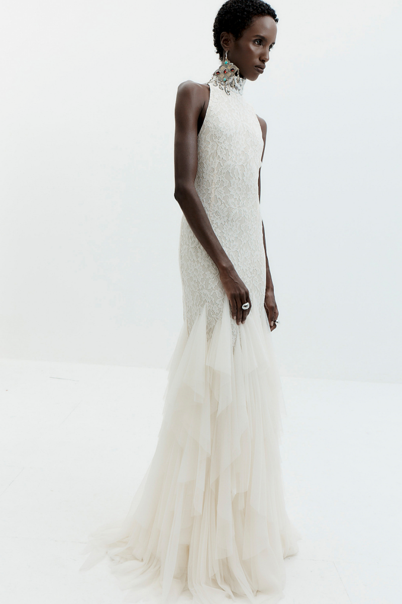 Ivory Halter Lace Mermaid Gown with Tiered Tulle Skirt