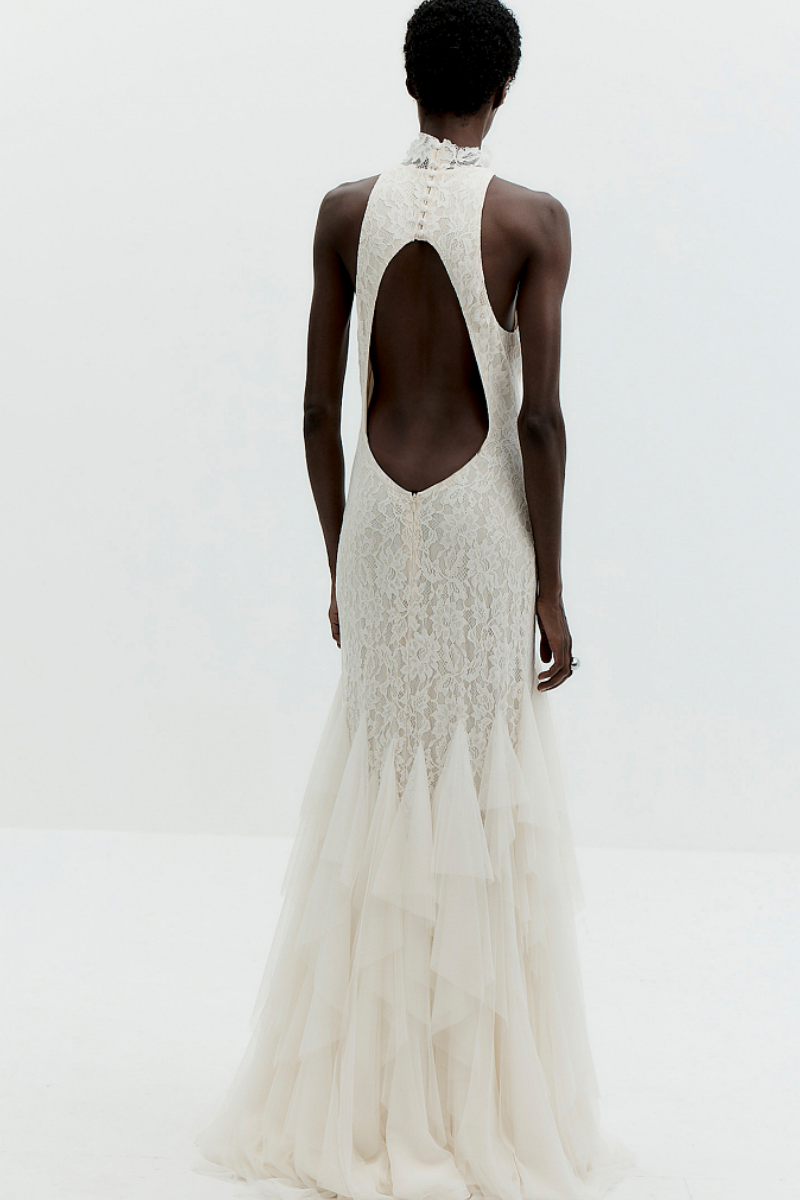 Ivory Halter Lace Mermaid Gown with Tiered Tulle Skirt