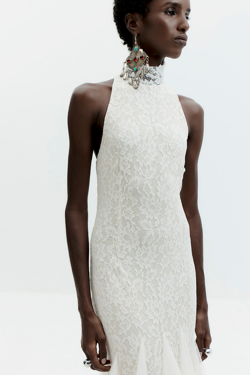 Ivory Halter Lace Mermaid Gown with Tiered Tulle Skirt