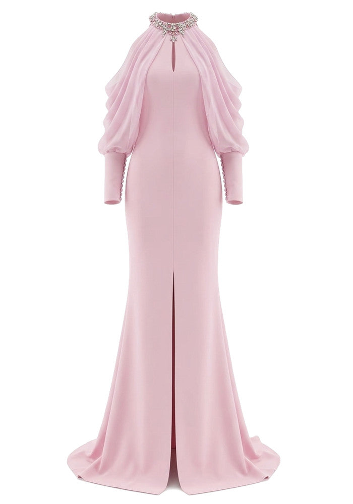 Halter Crystal Draped Maxi Dress Pink