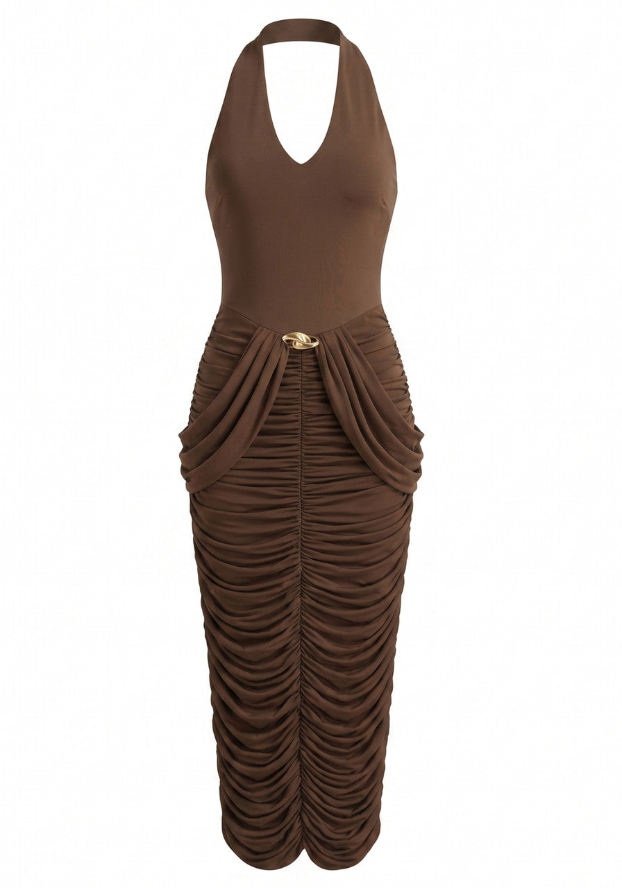 Halter Draped Design Maxi Dress Brown