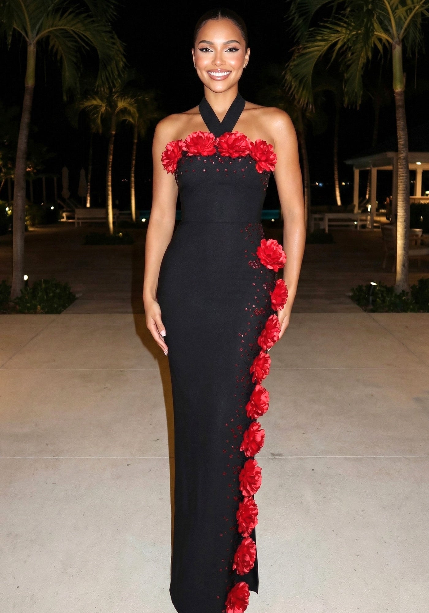 Halter Floral Crystal Maxi Dress Black Red