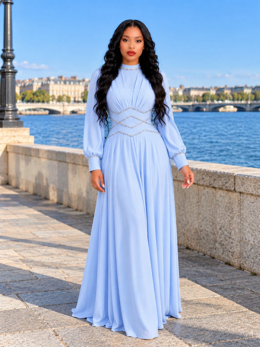 Long Sleeve Crystal Detail A Line Maxi Dress Light Blue