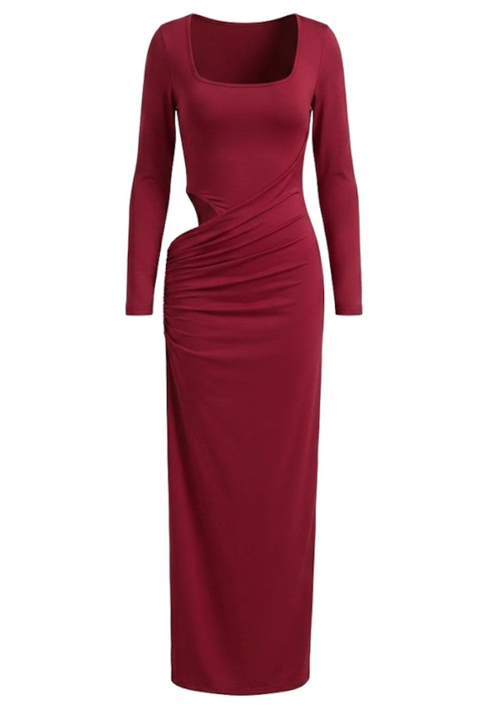 Long Sleeve Cut Out Detail Maxi Dress Burgundy