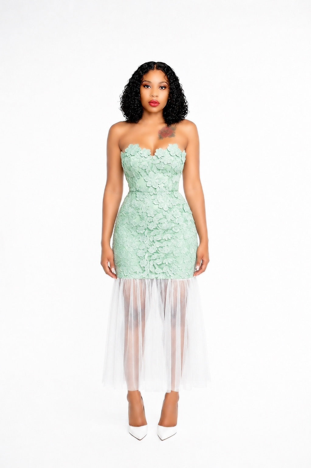 Strapless Floral A Line Maxi Dress Green