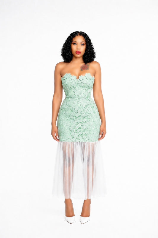 Strapless Floral A Line Maxi Dress Green