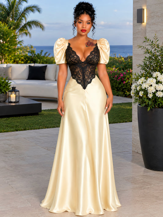 Yellow Contrast Lace Satin Maxi Dress