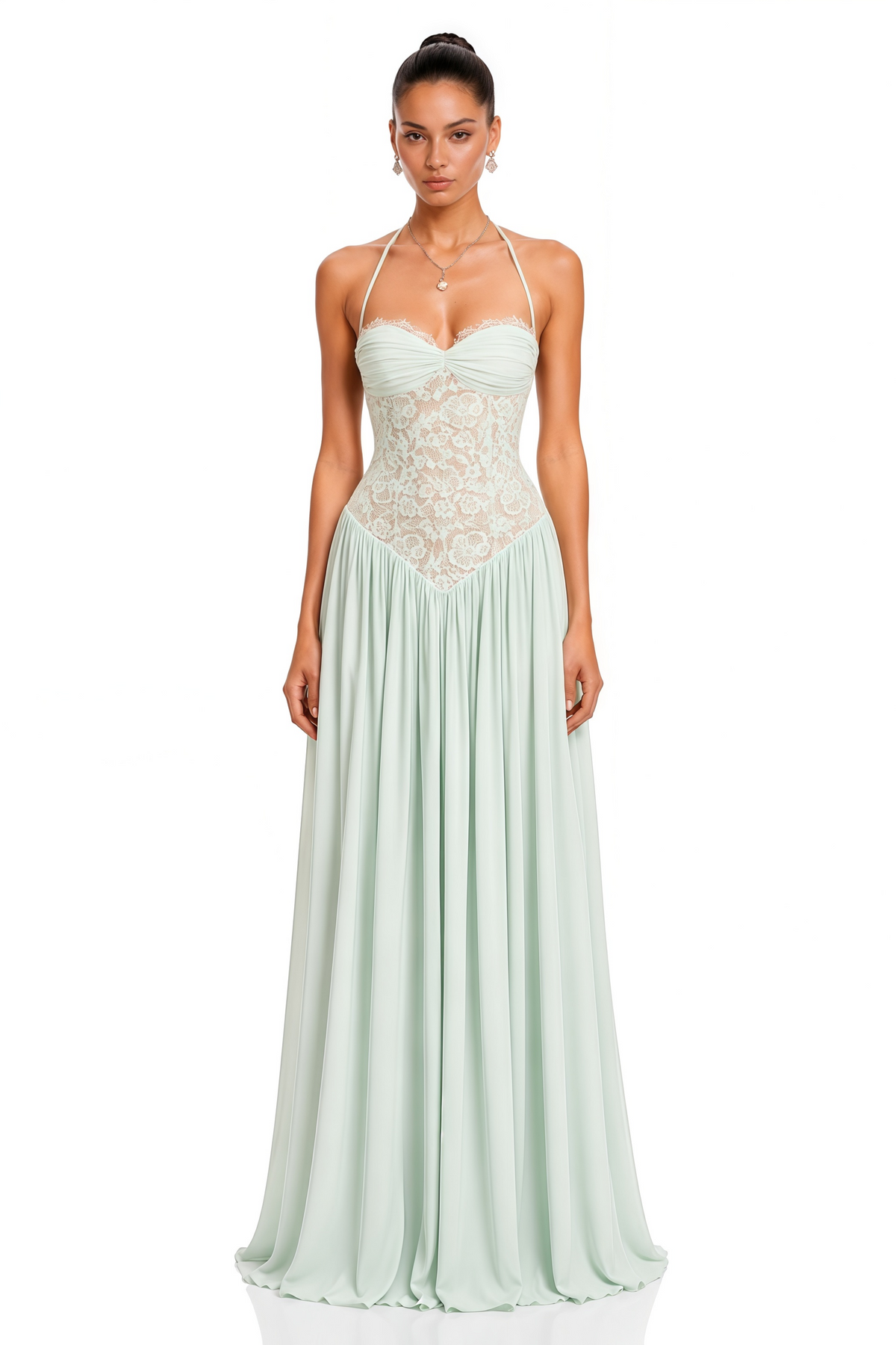 Mint Green Halterneck Lace Corset Maxi Dress