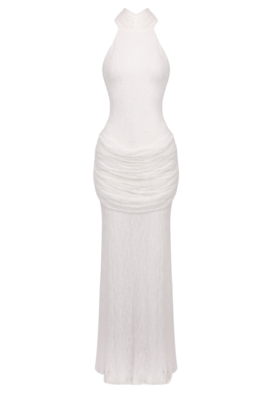 Halter Draped Lace Maxi Dress White