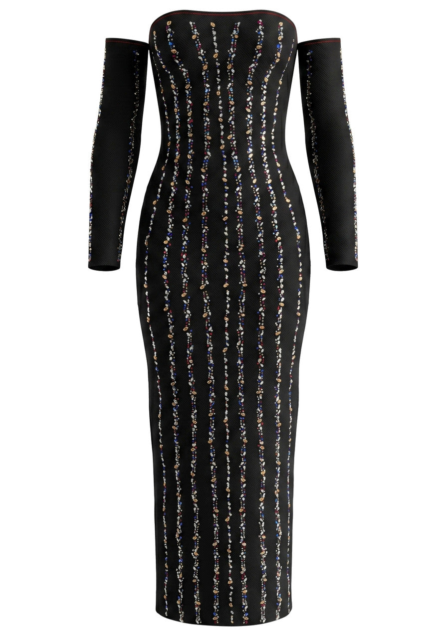 Embellished Long Sleeve Bardot Maxi Dress Black
