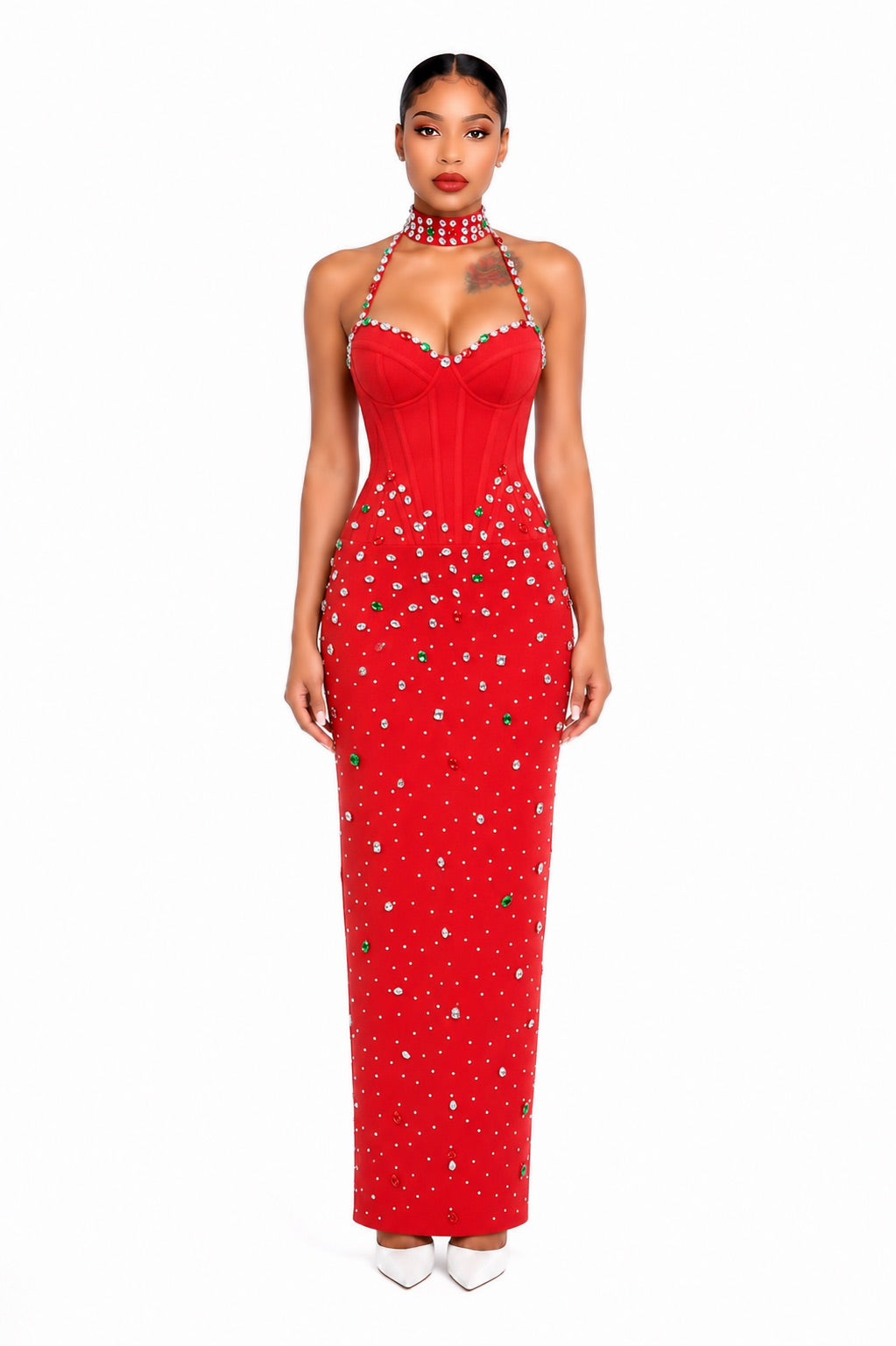 Halter Crystal Structured Bustier Maxi Dress Red