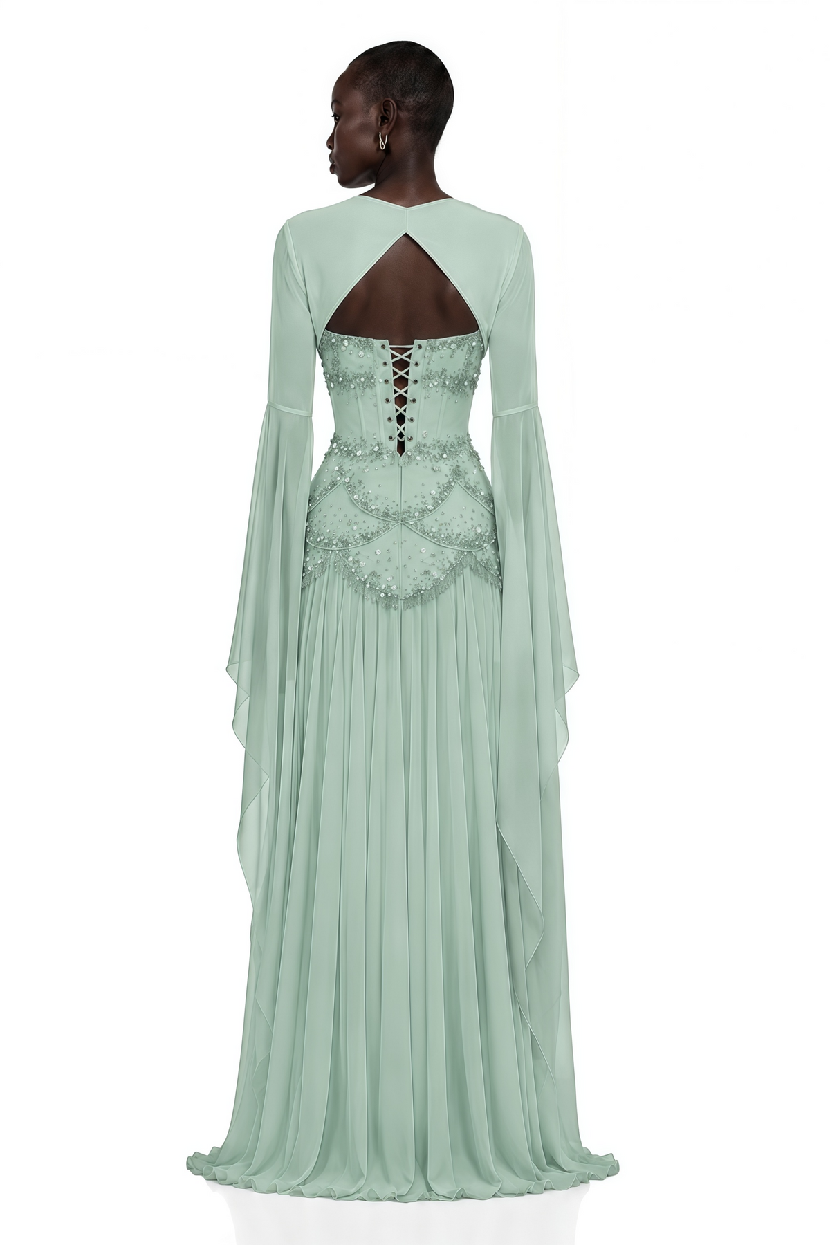 Green Faux-pearl-embellished Pleated Maxi Dress