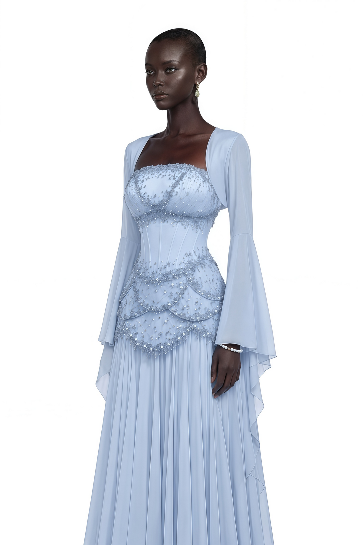 Faux-pearl-embellished Pleated Maxi Dress in Light-blue