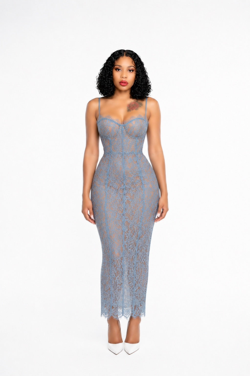 Structured Lace Midi Dress Blue